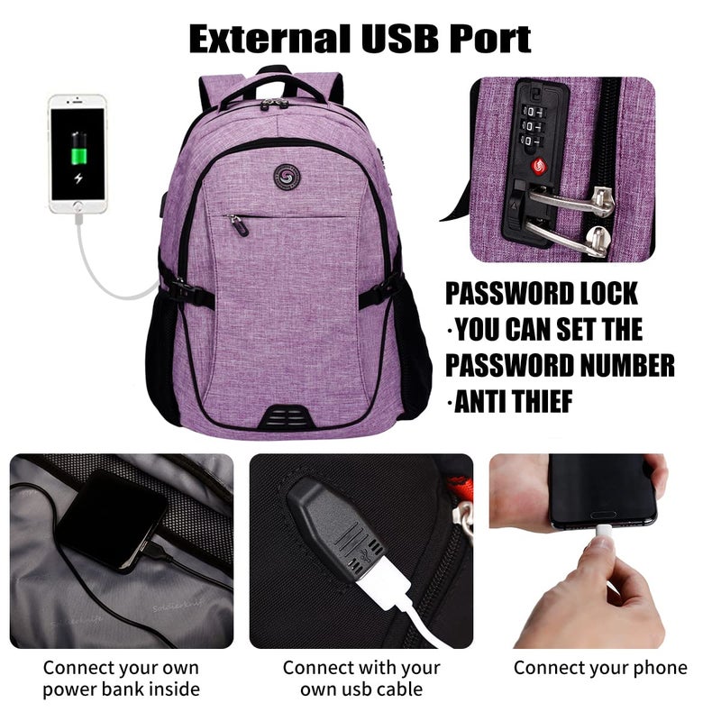 SHRRADOO Anti Theft Laptop Backpack Travel Backpacks with usb Charging Port for Women Men High School College Backpack Computer Bag Fits 17 Inch Laptop,Purple - Image 3